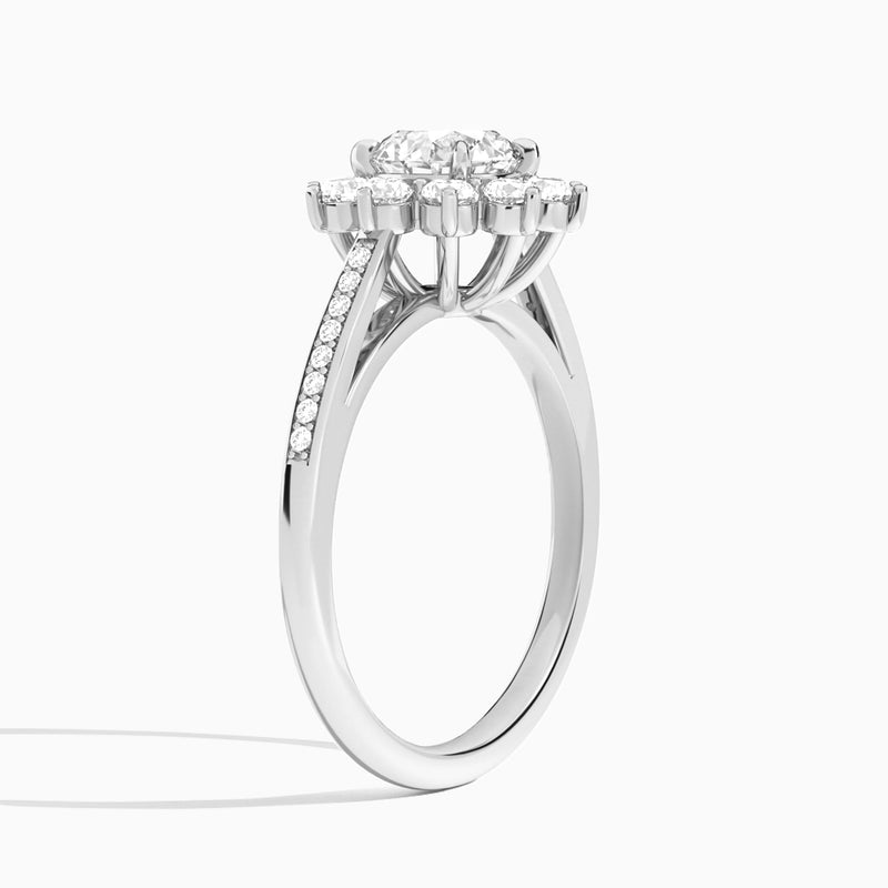 Round Celestia Halo Engagement Diamond Ring In 14K White Gold, Angle View