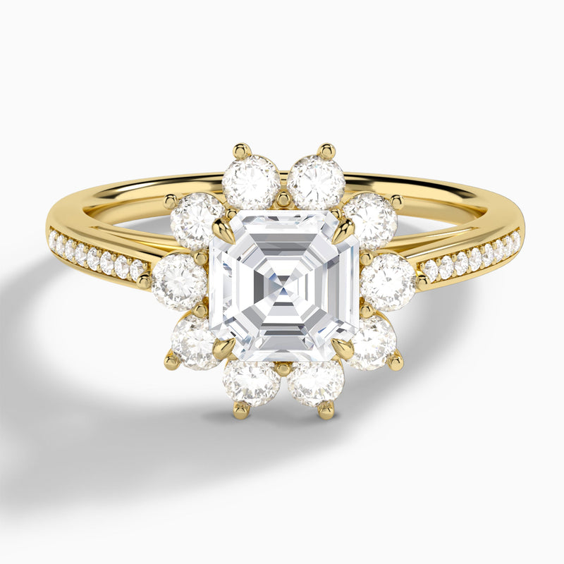 Asscher Celestia Halo Engagement Diamond Ring In 18K Yellow Gold - Lucenjuri