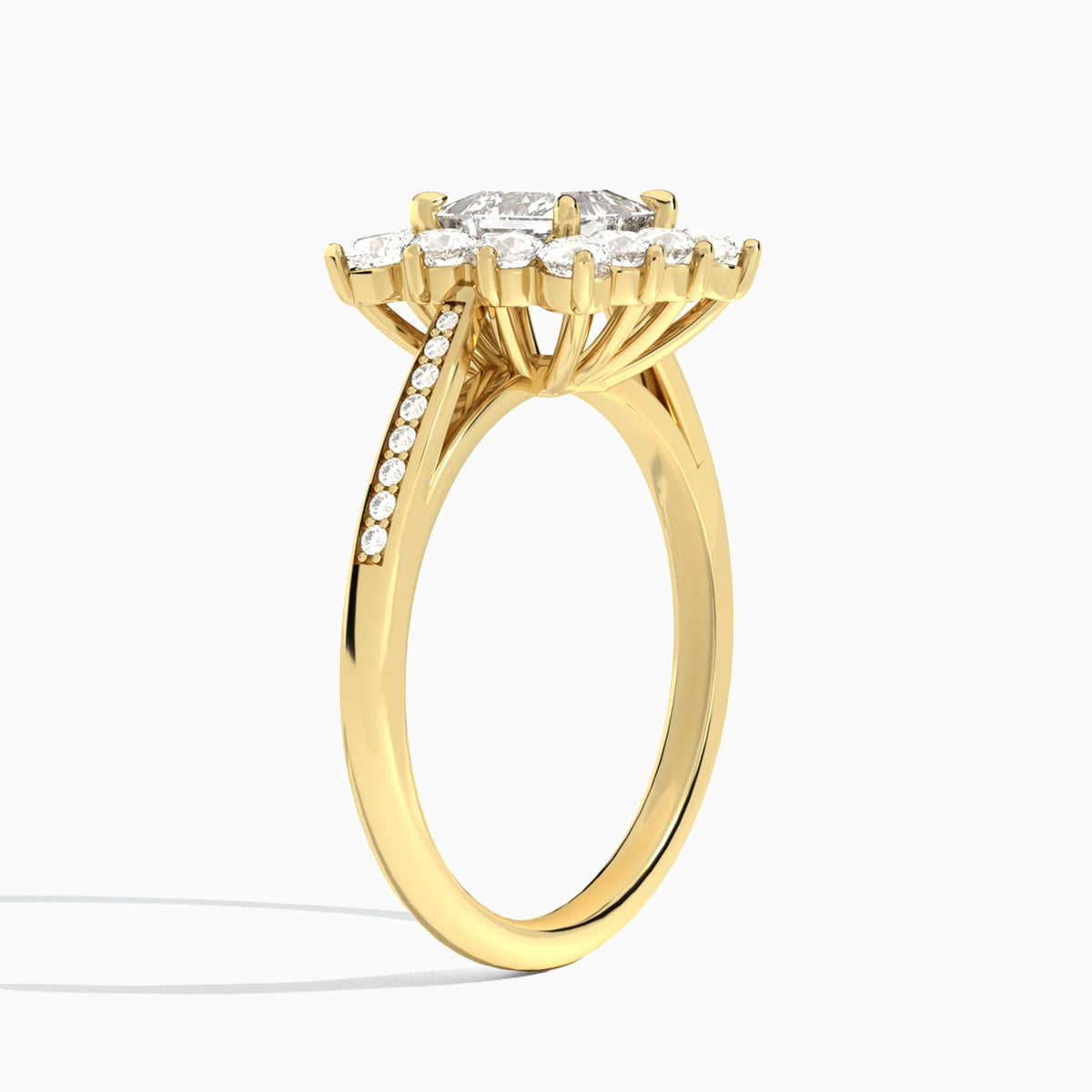 Princess Celestia Halo Engagement Diamond Ring In 18K Yellow Gold, Angle View