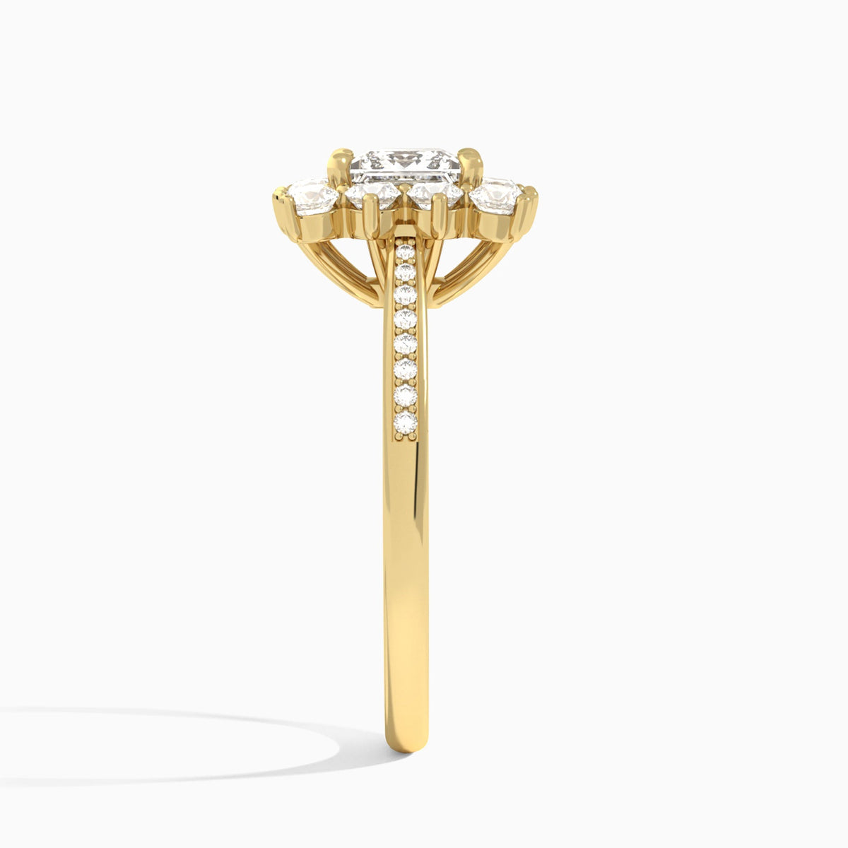 Princess Celestia Halo Engagement Diamond Ring In 18K Yellow Gold, Side View