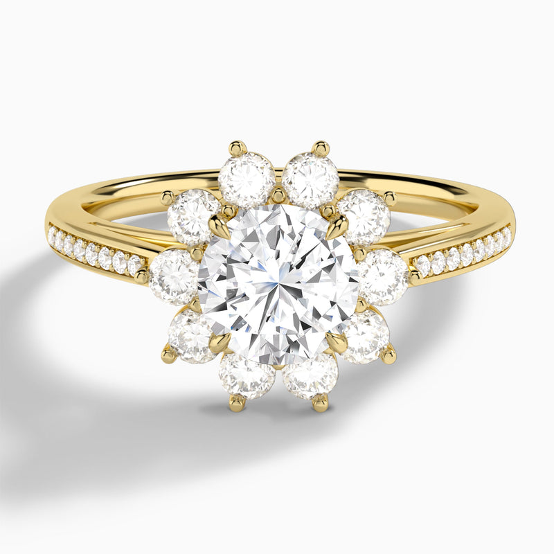 Round Celestia Halo Engagement Diamond Ring In 14K Yellow Gold - Lucenjuri