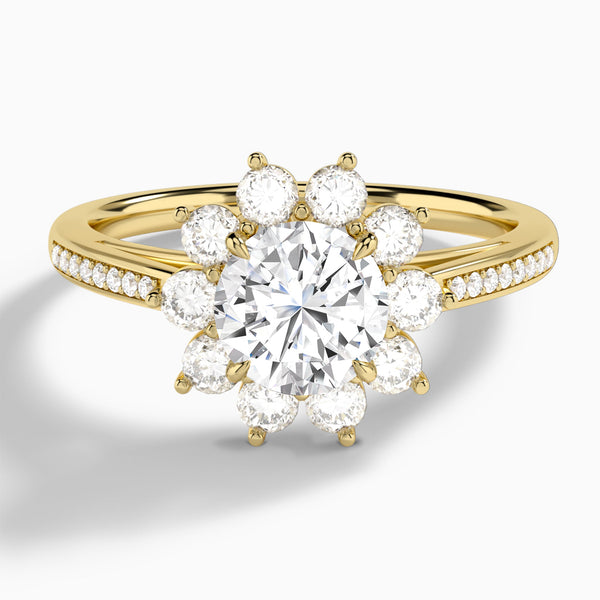 Round Celestia Halo Engagement Diamond Ring In 14K Yellow Gold - Lucenjuri