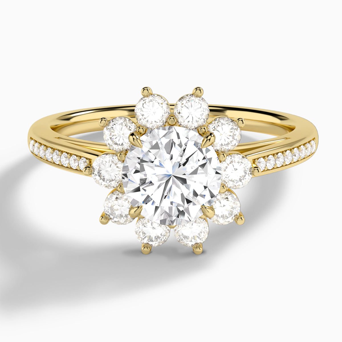Round Celestia Halo Engagement Diamond Ring In 18K Yellow Gold - Lucenjuri