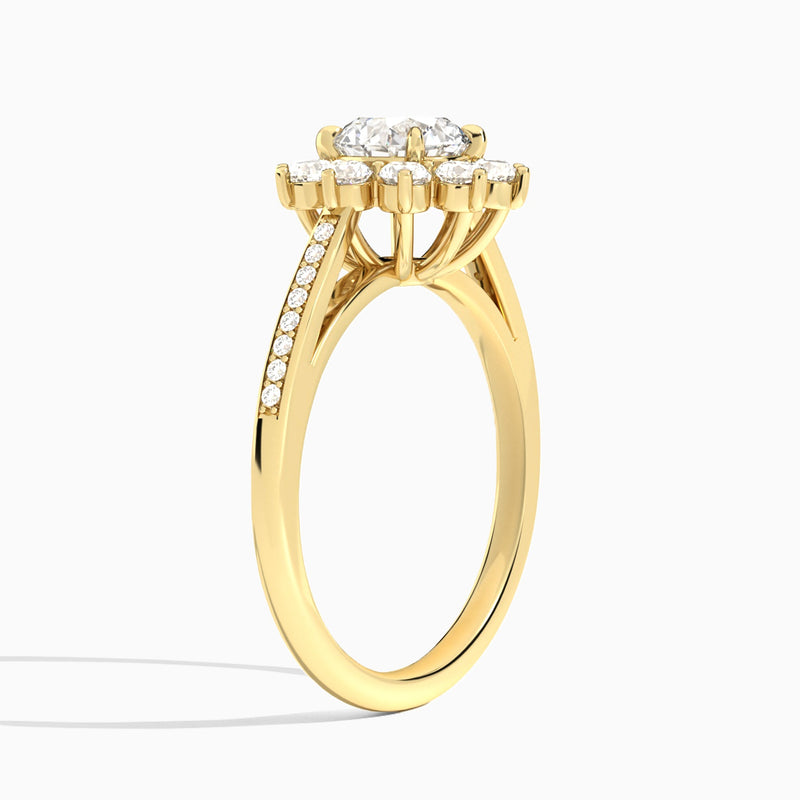 Round Celestia Halo Engagement Diamond Ring In 14K Yellow Gold, Angle View