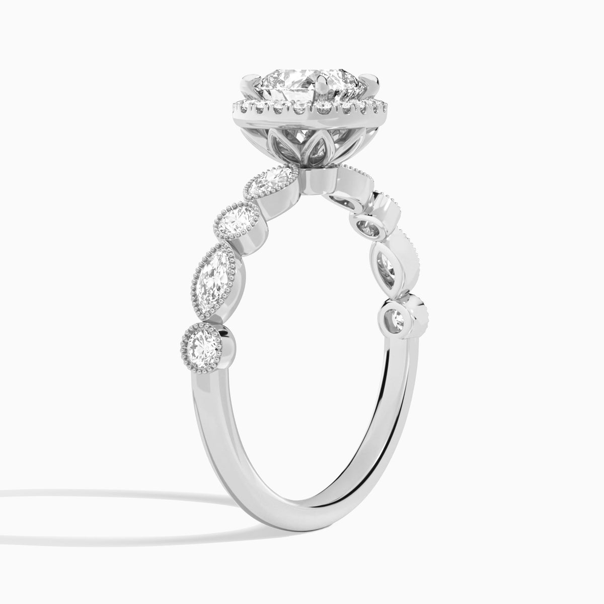 Cushion Honoria Halo Lab Grown Diamond Engagement Ring In Platinum, Angle View