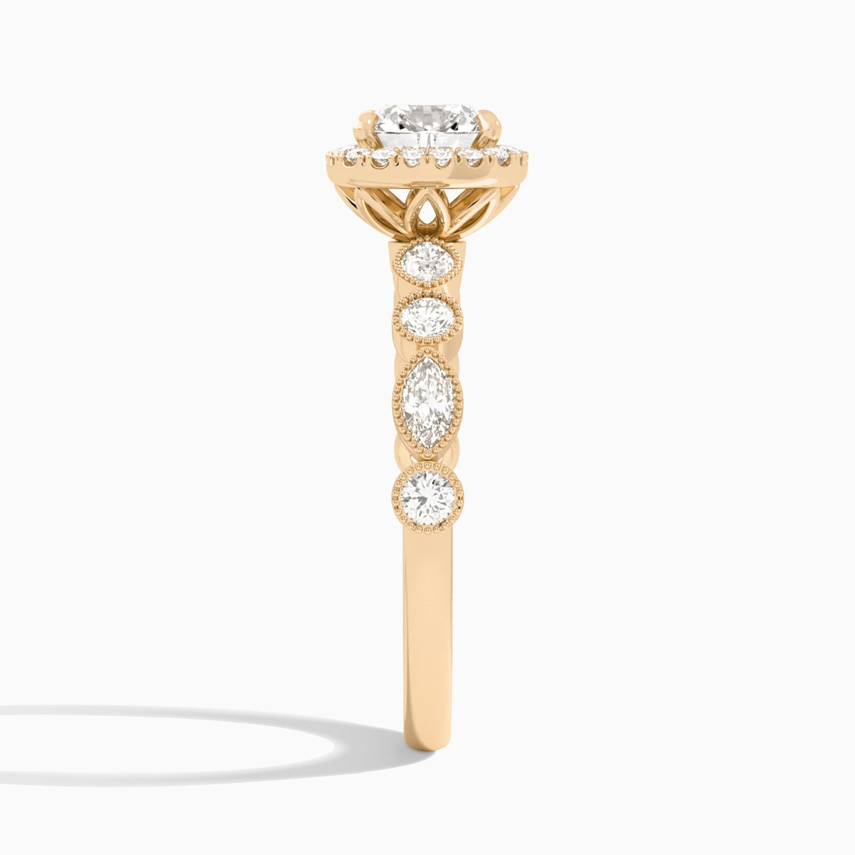 Cushion Honoria Halo Lab Grown Diamond Engagement Ring In 14K Rose Gold, Side View