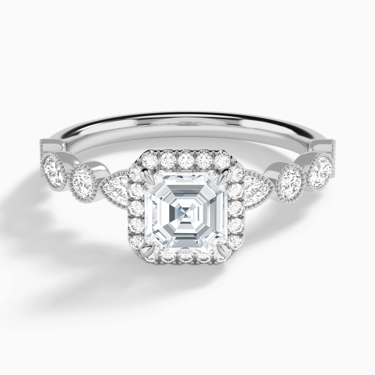 Asscher Honoria Halo Lab Grown Diamond Engagement Ring In 14K White Gold - Lucenjuri