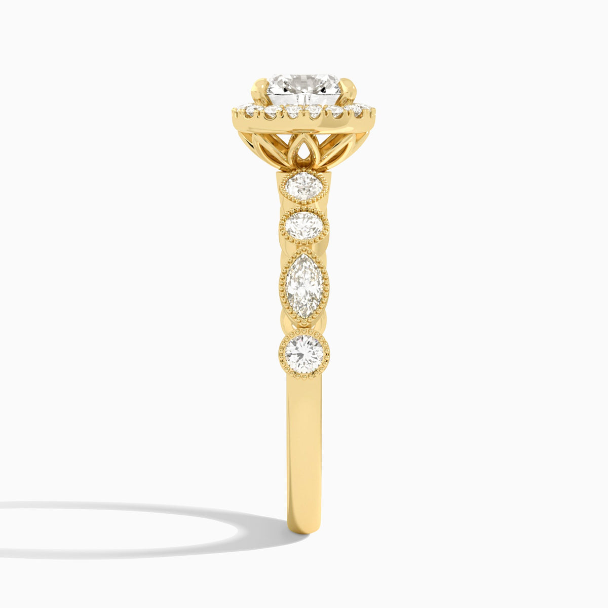 Cushion Honoria Halo Lab Grown Diamond Engagement Ring In 14K Yellow Gold, Side View