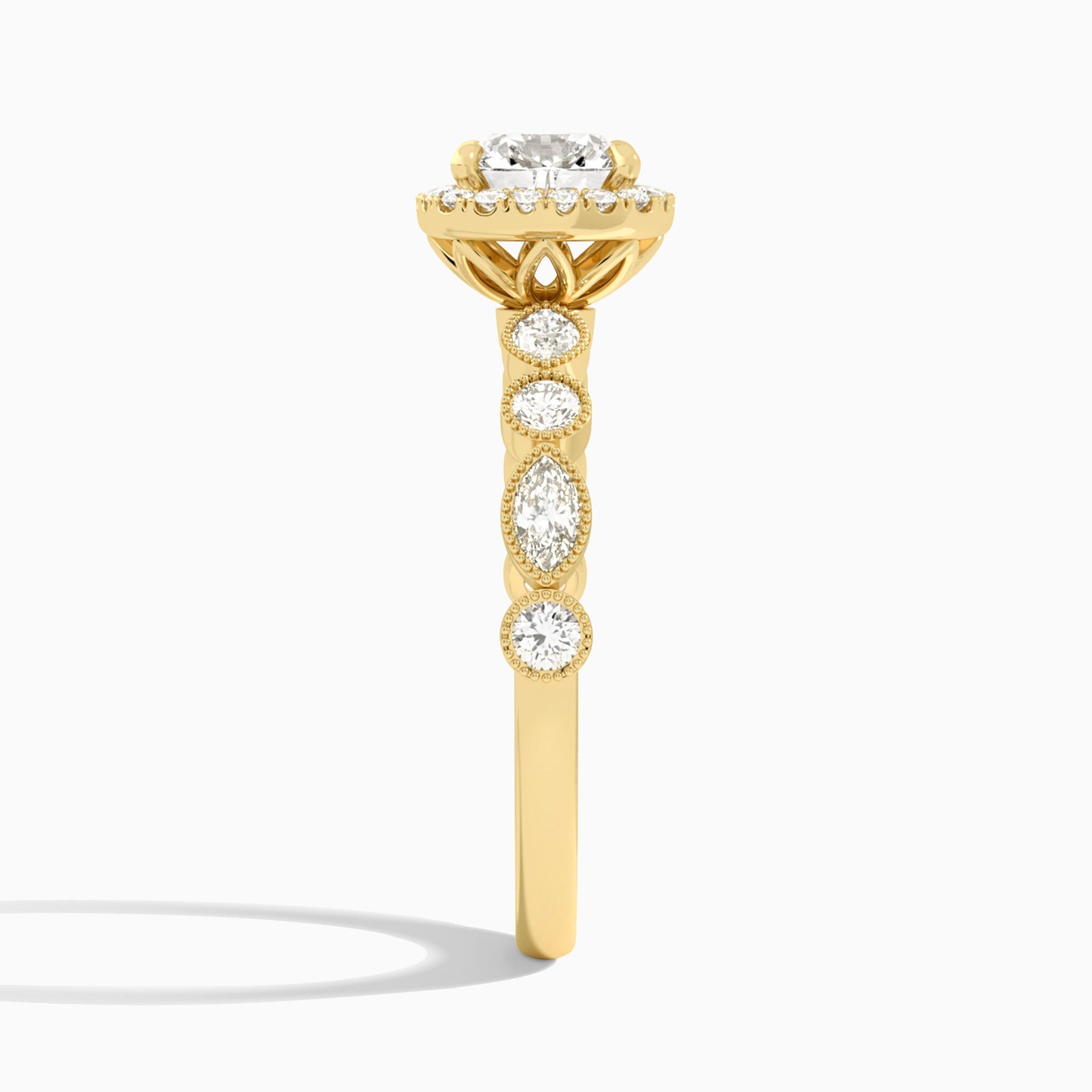 Cushion Honoria Halo Lab Grown Diamond Engagement Ring In 14K Yellow Gold, Side View