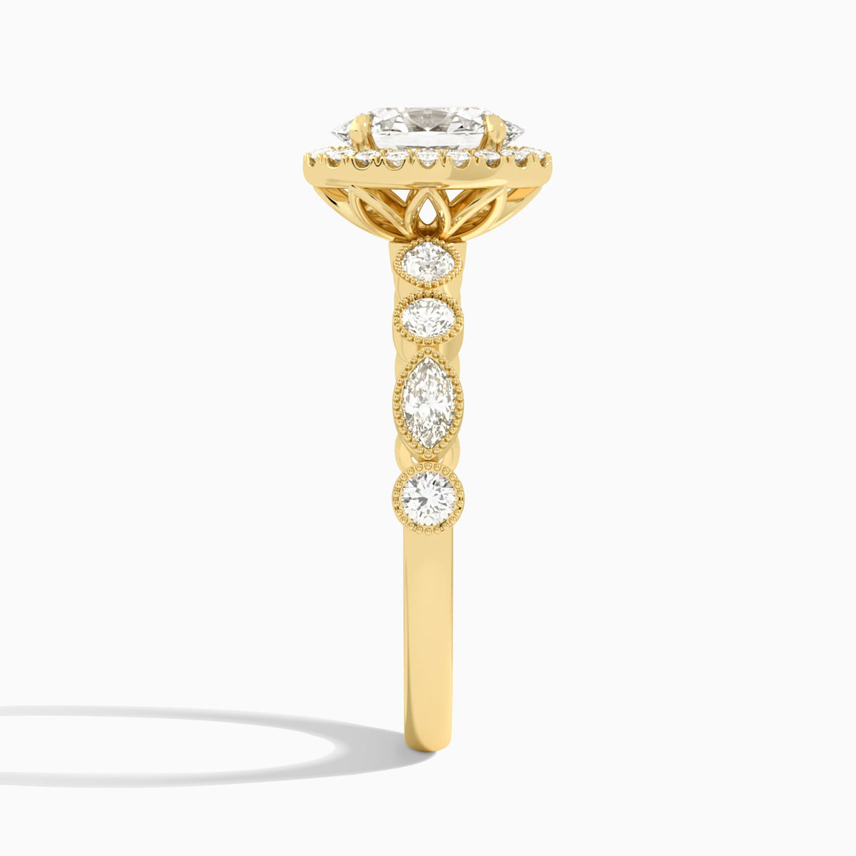 Oval Honoria Halo Lab Grown Diamond Engagement Ring In 18K Yellow Gold, Side View
