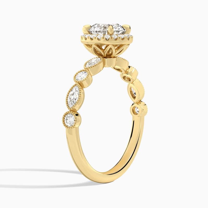Round Honoria Halo Lab Grown Diamond Engagement Ring In 14K Yellow Gold, Angle View