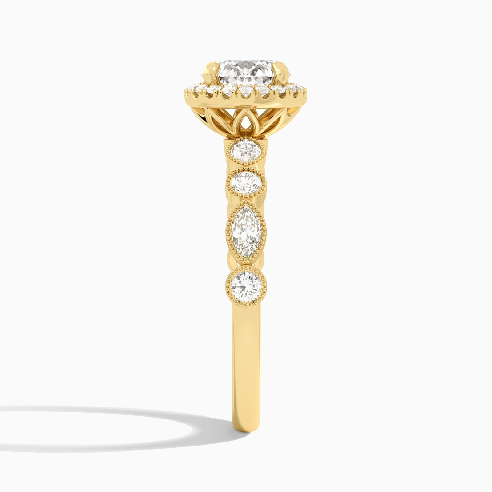 Round Honoria Halo Lab Grown Diamond Engagement Ring In 18K Yellow Gold, Side View