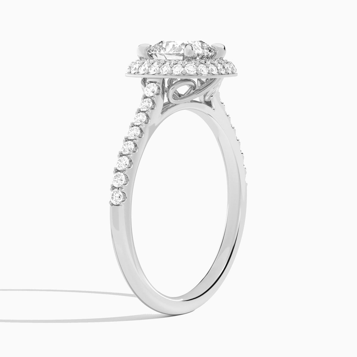 Cushion Evermore Lab Grown Diamond Engagement Ring In 18K White Gold, Angle View