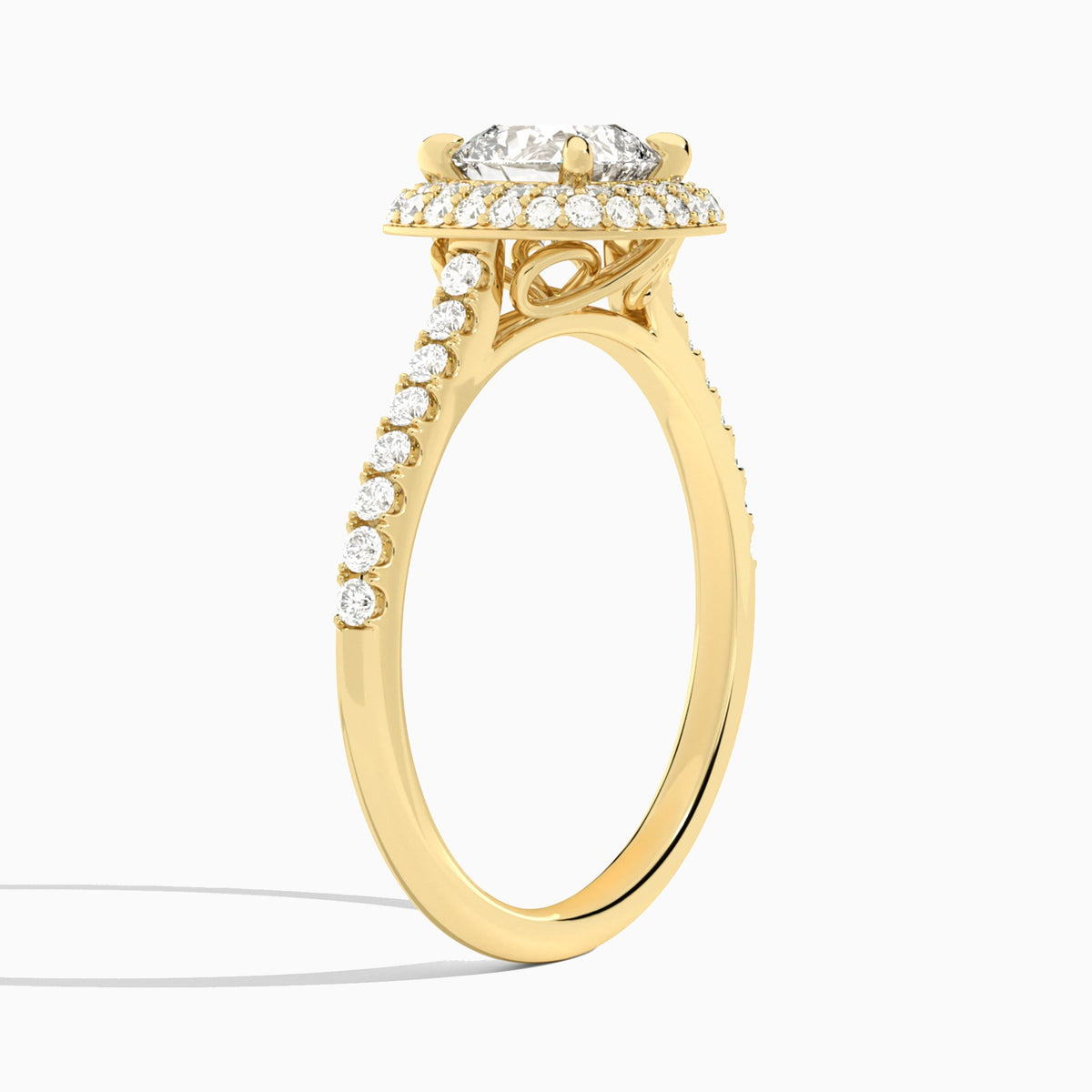Cushion Evermore Lab Grown Diamond Engagement Ring In 14K Yellow Gold, Angle View