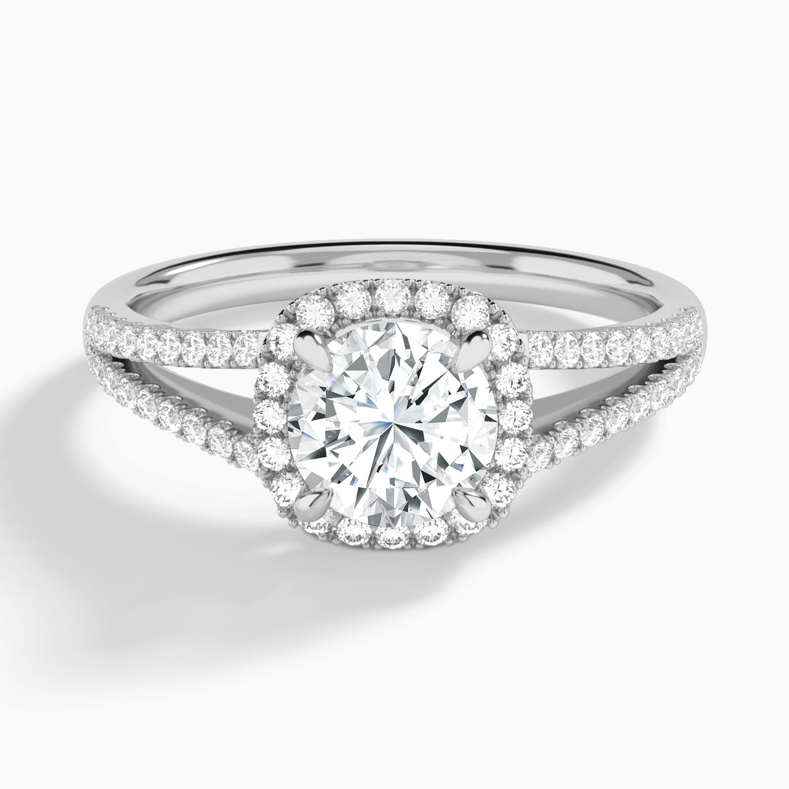 Round Halo Split Shank Lab Grown Diamond Engagement Ring In Platinum - Lucenjuri
