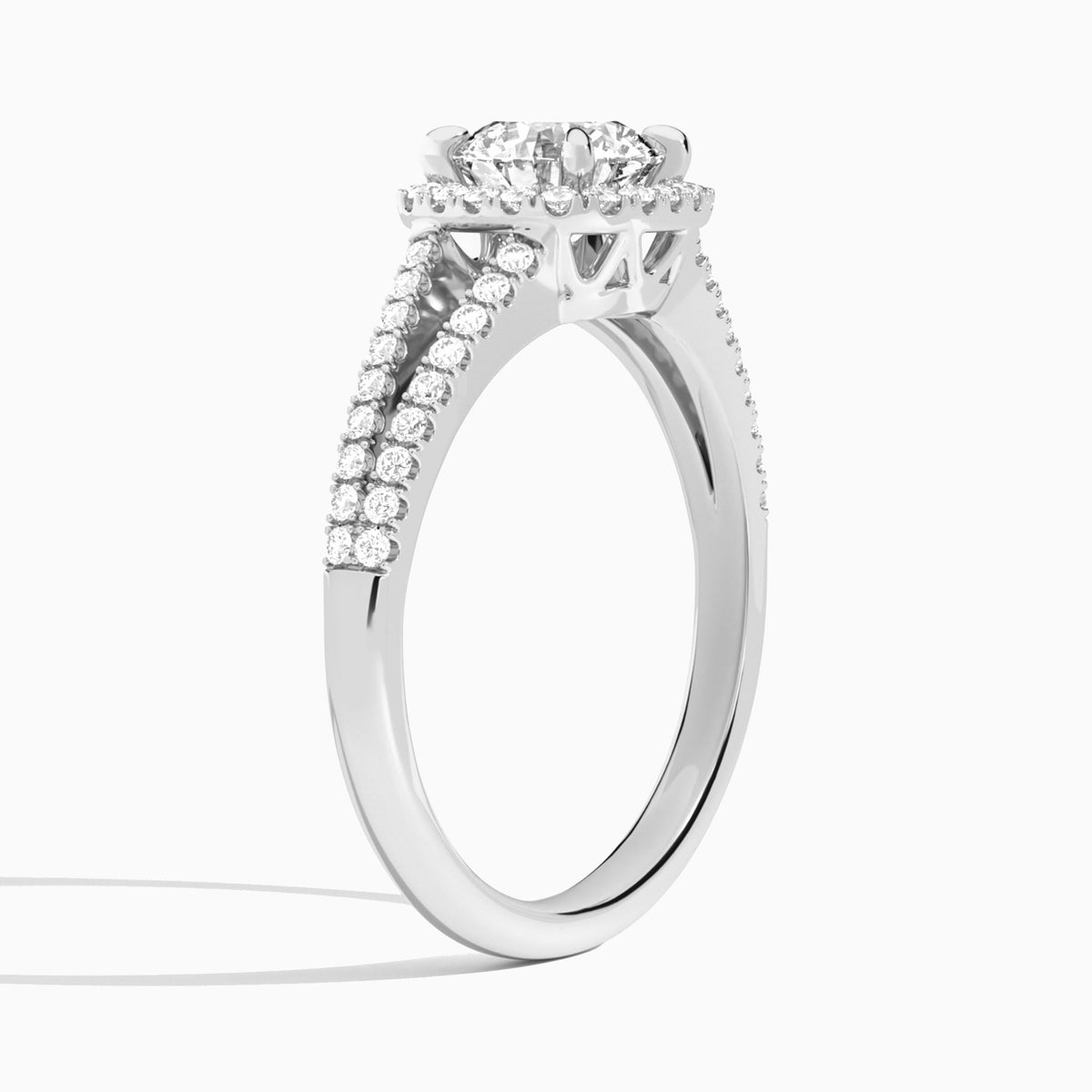 Round Halo Split Shank Lab Grown Diamond Engagement Ring In Platinum, Angle View