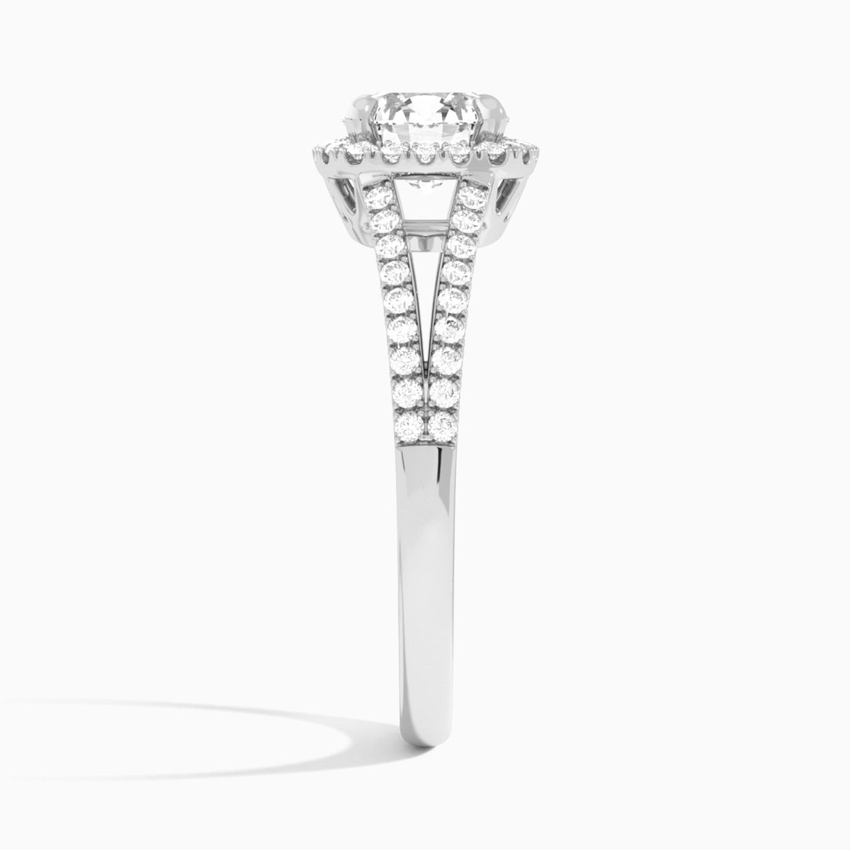 Round Halo Split Shank Lab Grown Diamond Engagement Ring In Platinum, Side View