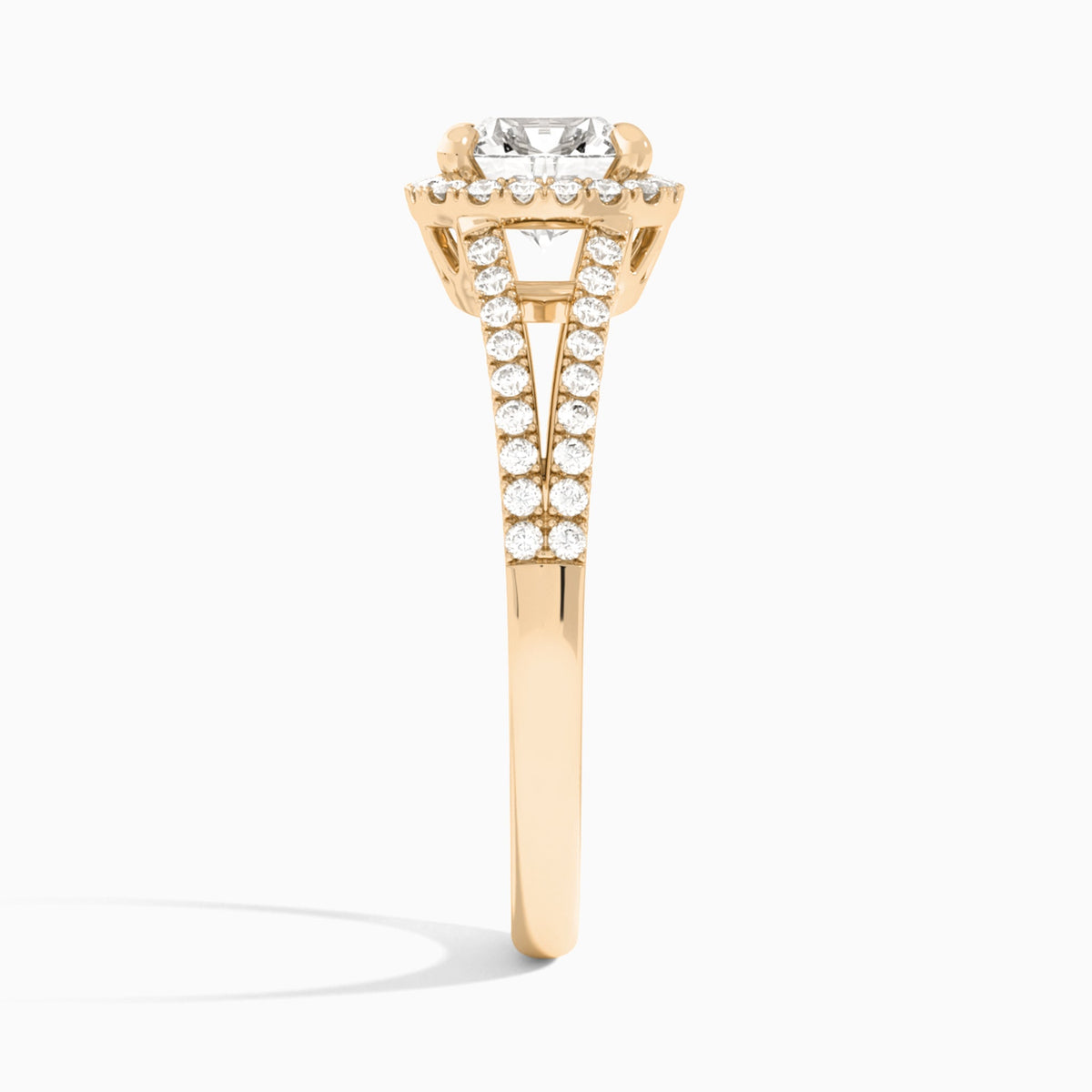 Cushion Halo Split Shank Lab Diamond Engagement Ring In 14K Rose Gold, Side View