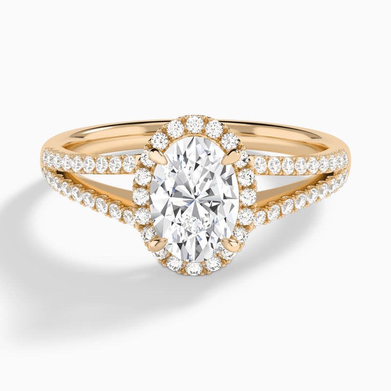 Oval Halo Split Shank Lab Diamond Engagement Ring In 14K Rose Gold - Lucenjuri