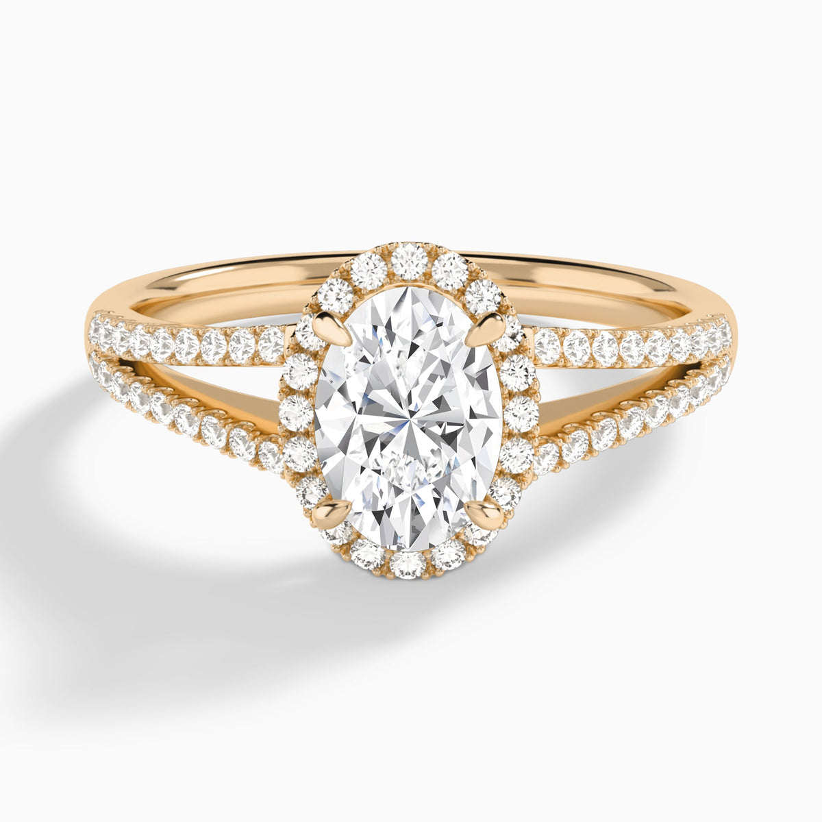 Oval Halo Split Shank Lab Diamond Engagement Ring In 14K Rose Gold - Lucenjuri