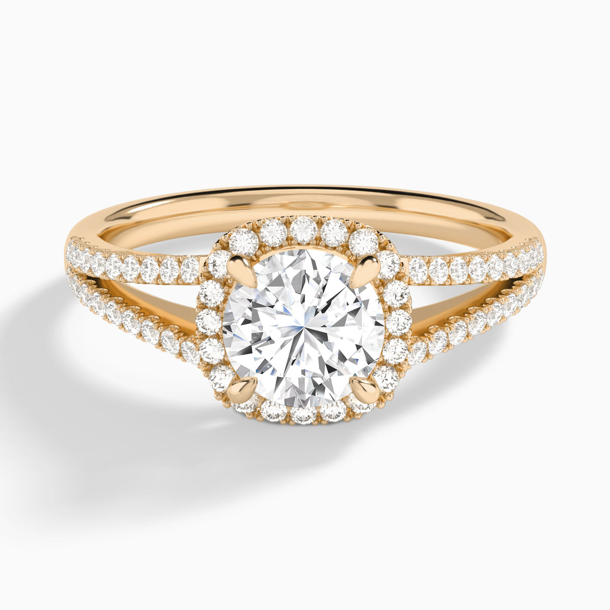 Round Halo Split Shank Lab Diamond Engagement Ring In 14K Rose Gold - Lucenjuri