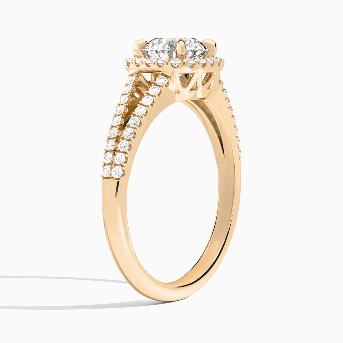 Round Halo Split Shank Lab Diamond Engagement Ring In 14K Rose Gold, Angle View