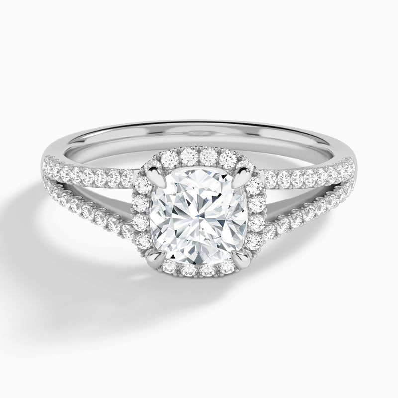 Cushion Halo Split Shank Lab Diamond Engagement Ring In 18K White Gold - Lucenjuri