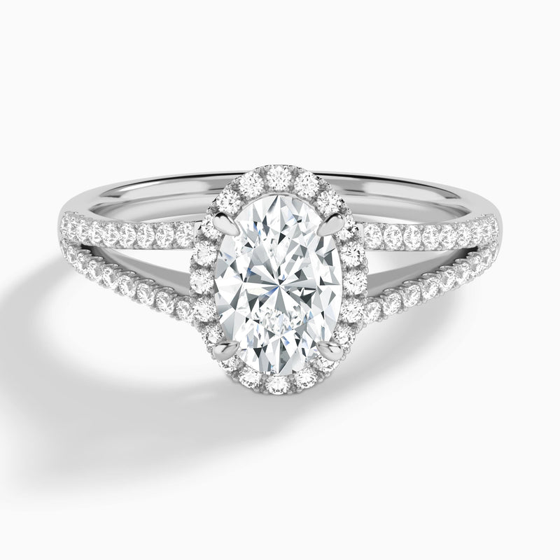 Oval Halo Split Shank Lab Diamond Engagement Ring In 18K White Gold - Lucenjuri