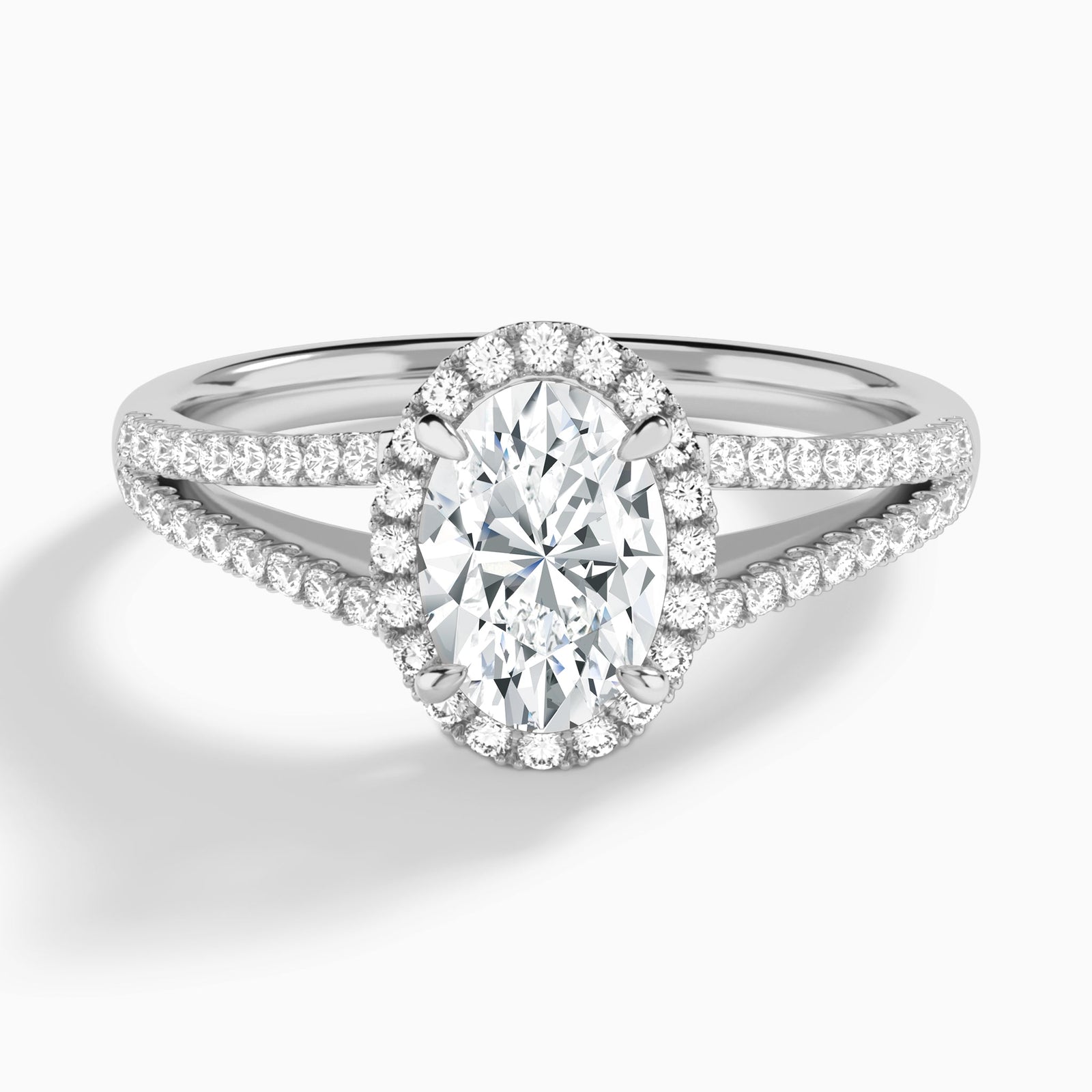 Oval Halo Split Shank Lab Diamond Engagement Ring In 18K White Gold - Lucenjuri