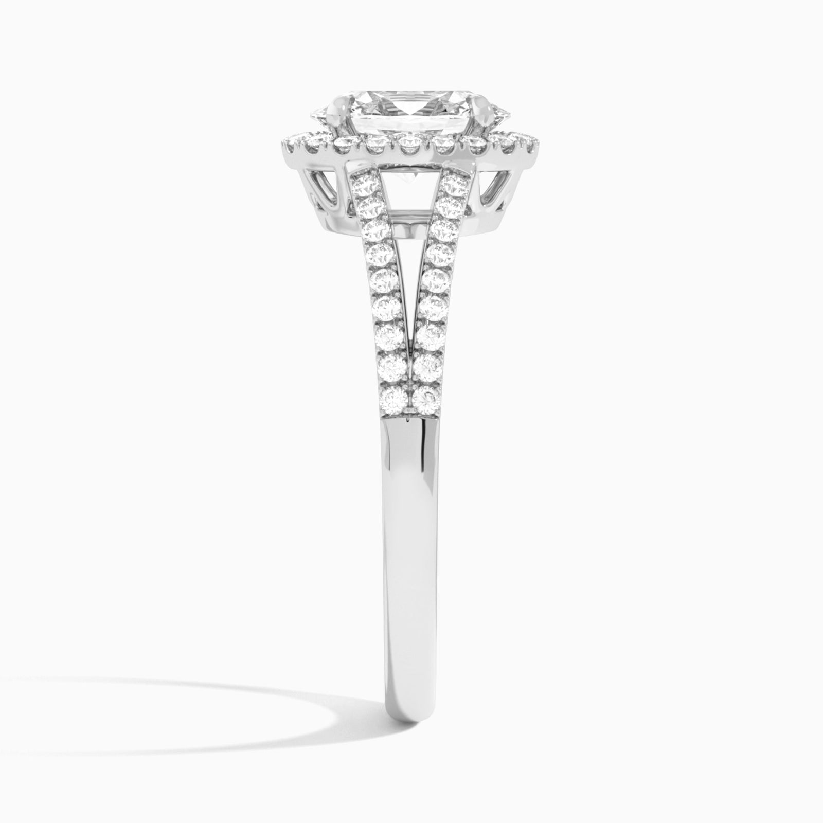 Oval Halo Split Shank Lab Diamond Engagement Ring In 18K White Gold, Side View