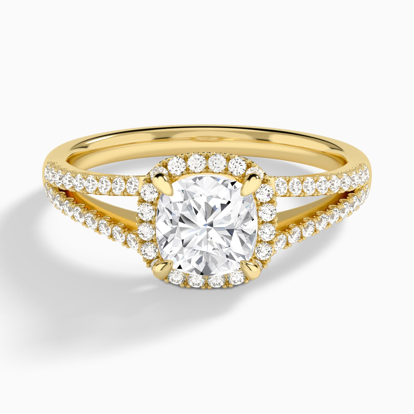 Cushion Halo Split Shank Lab Diamond Engagement Ring In 14K Yellow Gold - Lucenjuri