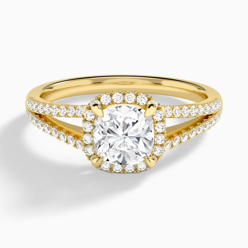 Cushion Halo Split Shank Lab Diamond Engagement Ring In 18K Yellow Gold - Lucenjuri