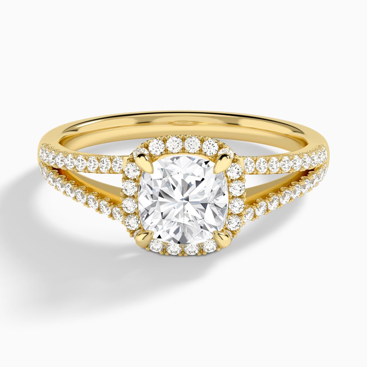 Cushion Halo Split Shank Lab Diamond Engagement Ring In 18K Yellow Gold - Lucenjuri
