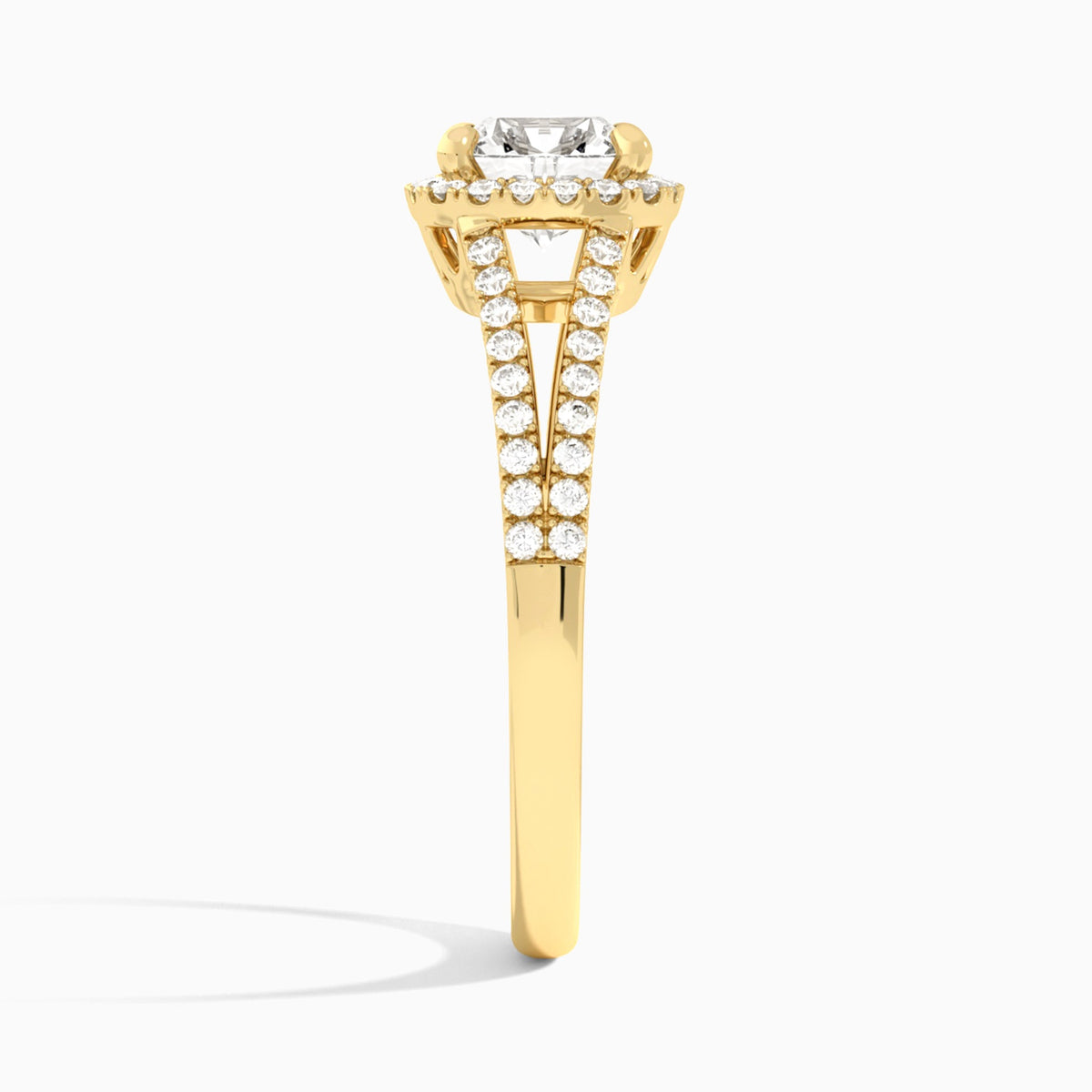 Cushion Halo Split Shank Lab Diamond Engagement Ring In 14K Yellow Gold, Side View