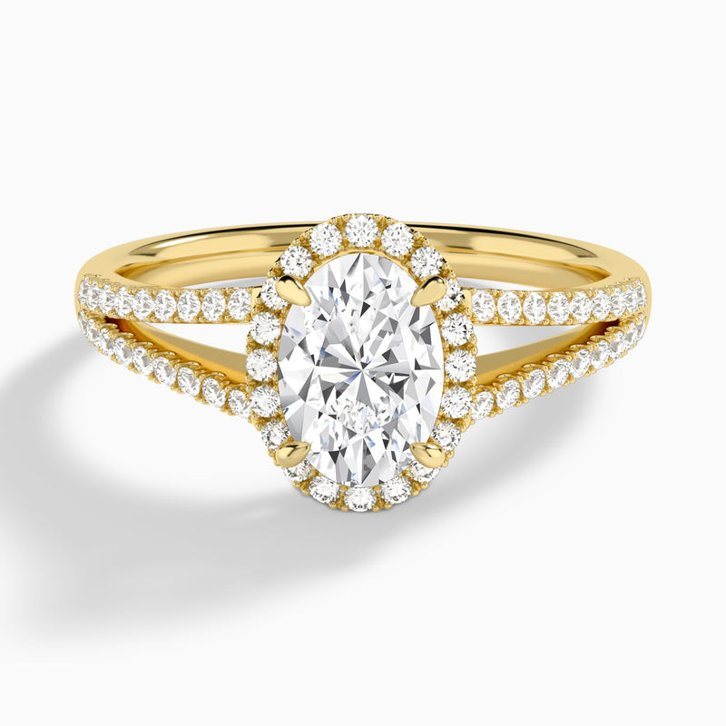 Oval Halo Split Shank Lab Diamond Engagement Ring In 14K Yellow Gold - Lucenjuri