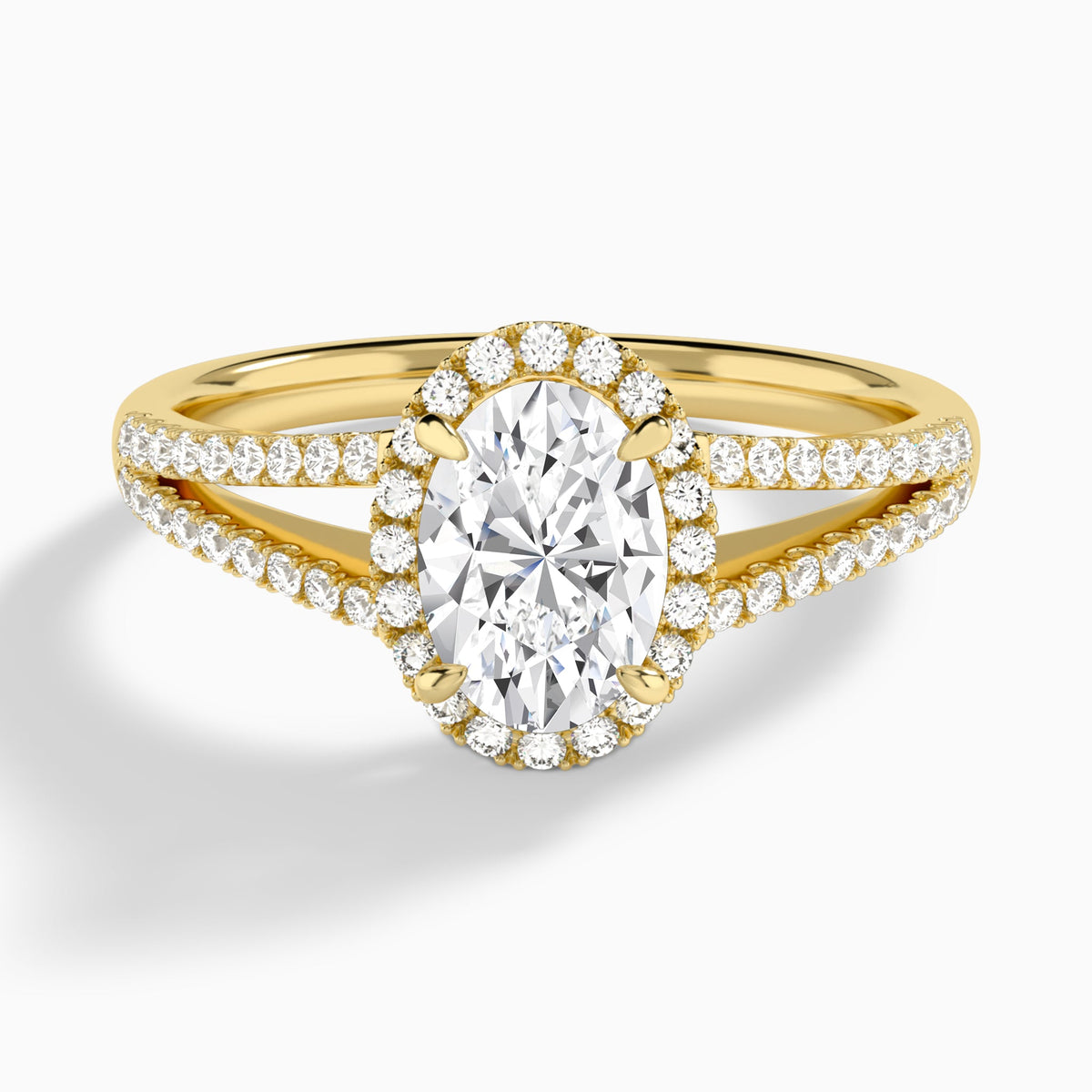 Oval Halo Split Shank Lab Diamond Engagement Ring In 14K Yellow Gold - Lucenjuri