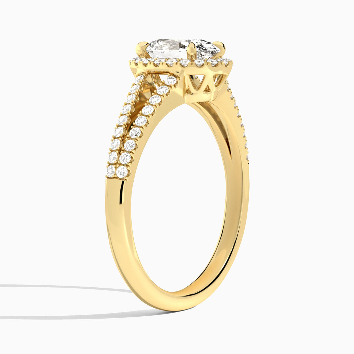 Oval Halo Split Shank Lab Diamond Engagement Ring In 18K Yellow Gold, Angle View