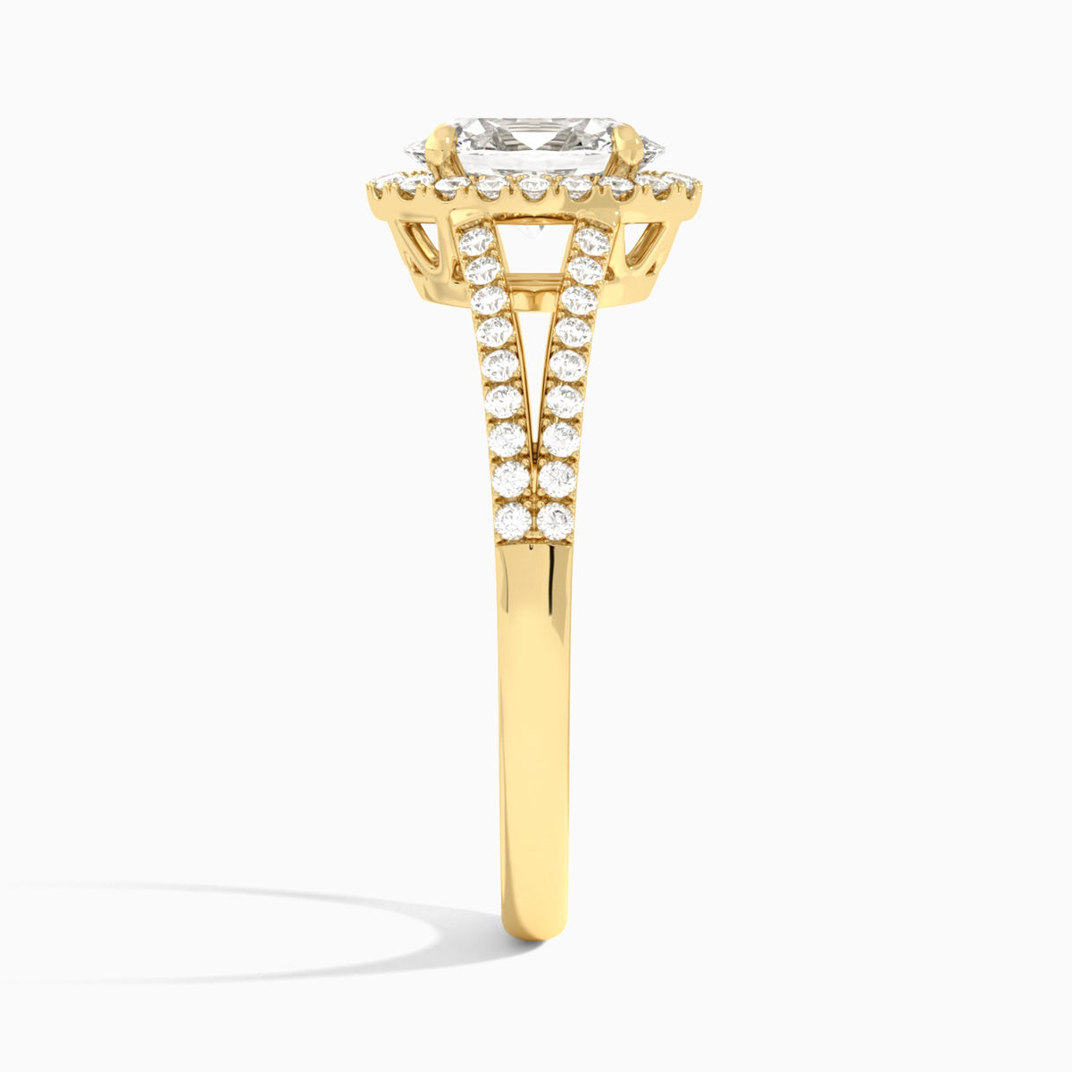 Oval Halo Split Shank Lab Diamond Engagement Ring In 18K Yellow Gold, Side View