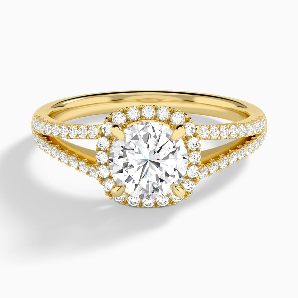 Round Halo Split Shank Lab Diamond Engagement Ring In 14K Yellow Gold - Lucenjuri