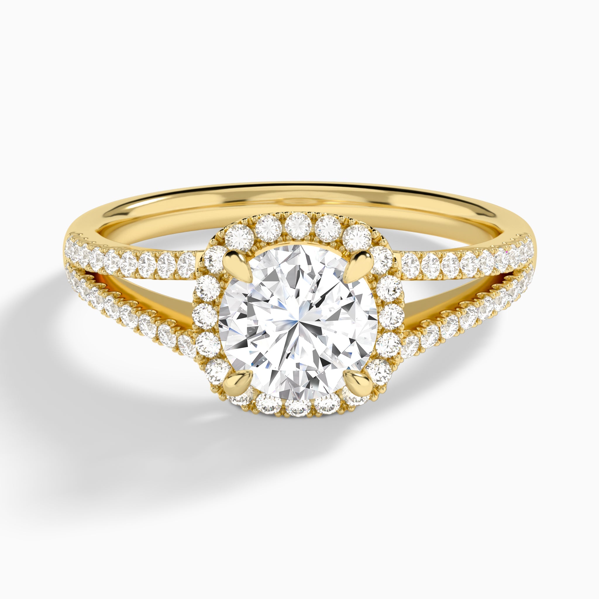 Round Halo Split Shank Lab Diamond Engagement Ring In 14K Yellow Gold - Lucenjuri