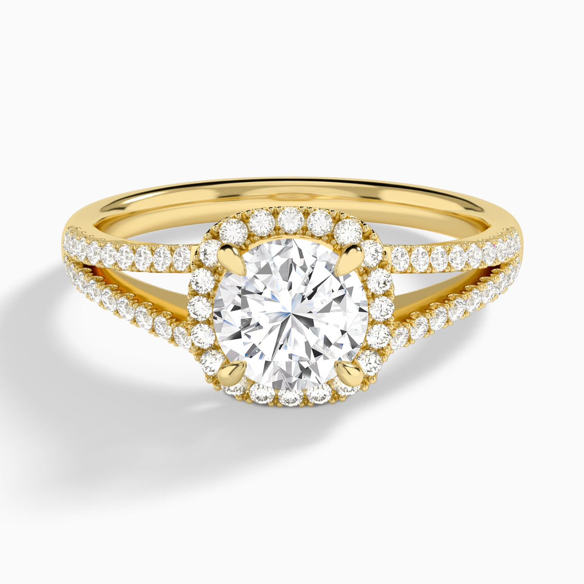 Round Halo Split Shank Lab Diamond Engagement Ring In 18K Yellow Gold - Lucenjuri