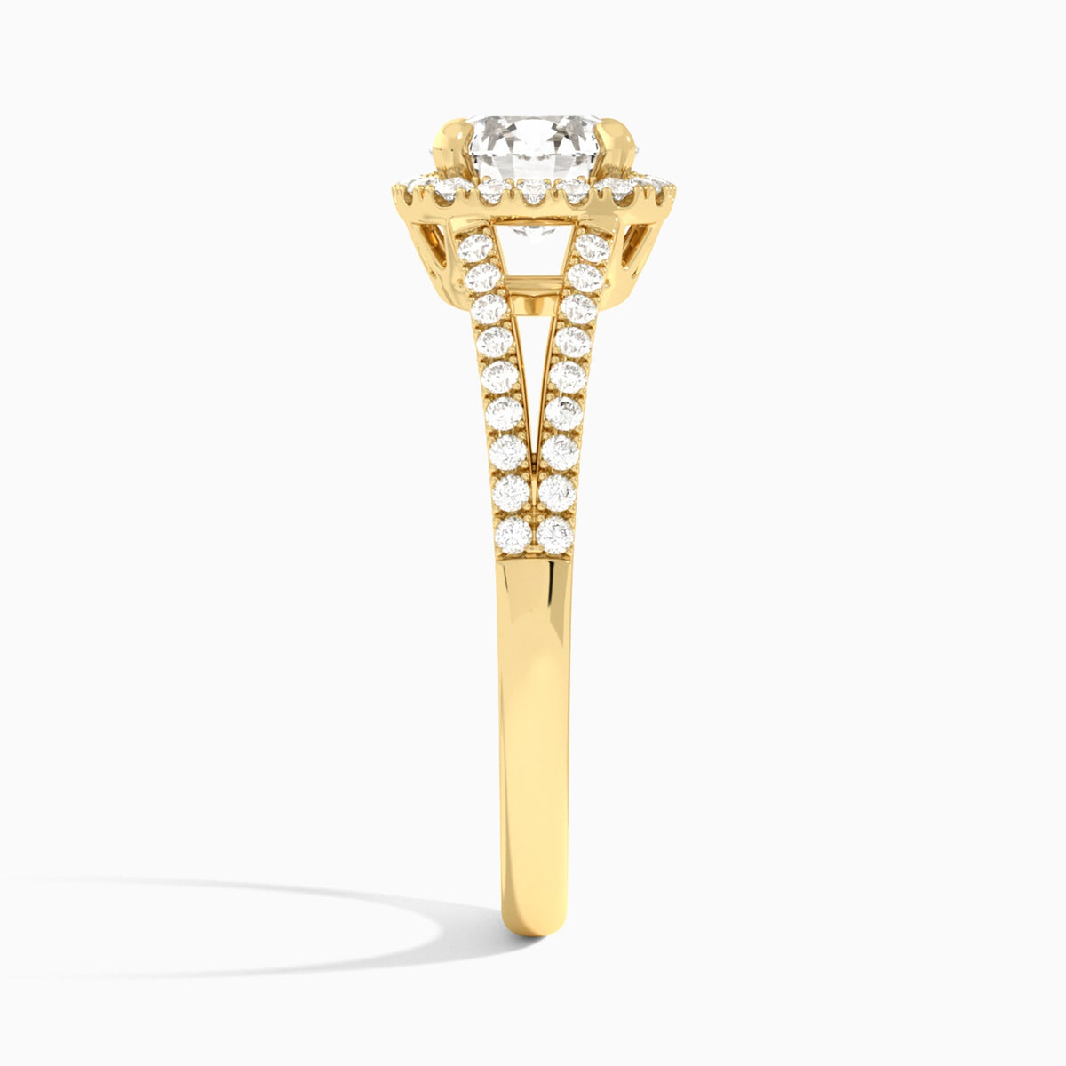 Round Halo Split Shank Lab Diamond Engagement Ring In 14K Yellow Gold, Side View