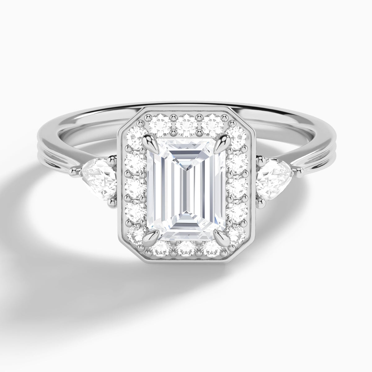 Emerald Halo Shaped Side Stone Lab Diamond Engagement Ring In Platinum - Lucenjuri
