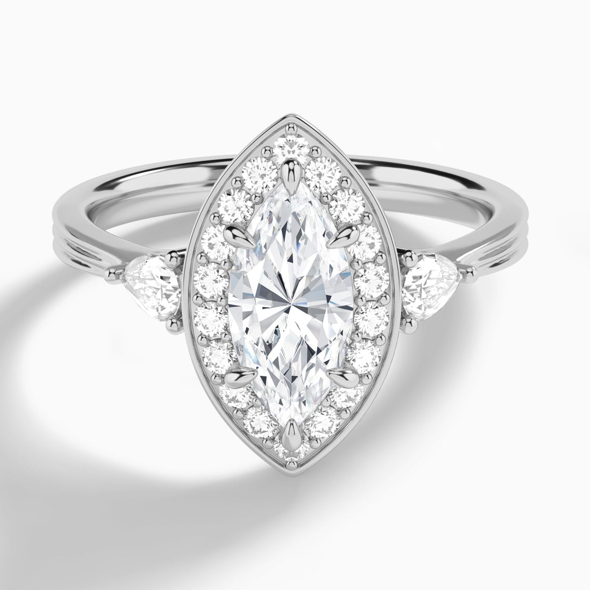Marquise Halo Shaped Side Stone Lab Diamond Engagement Ring In Platinum - Lucenjuri