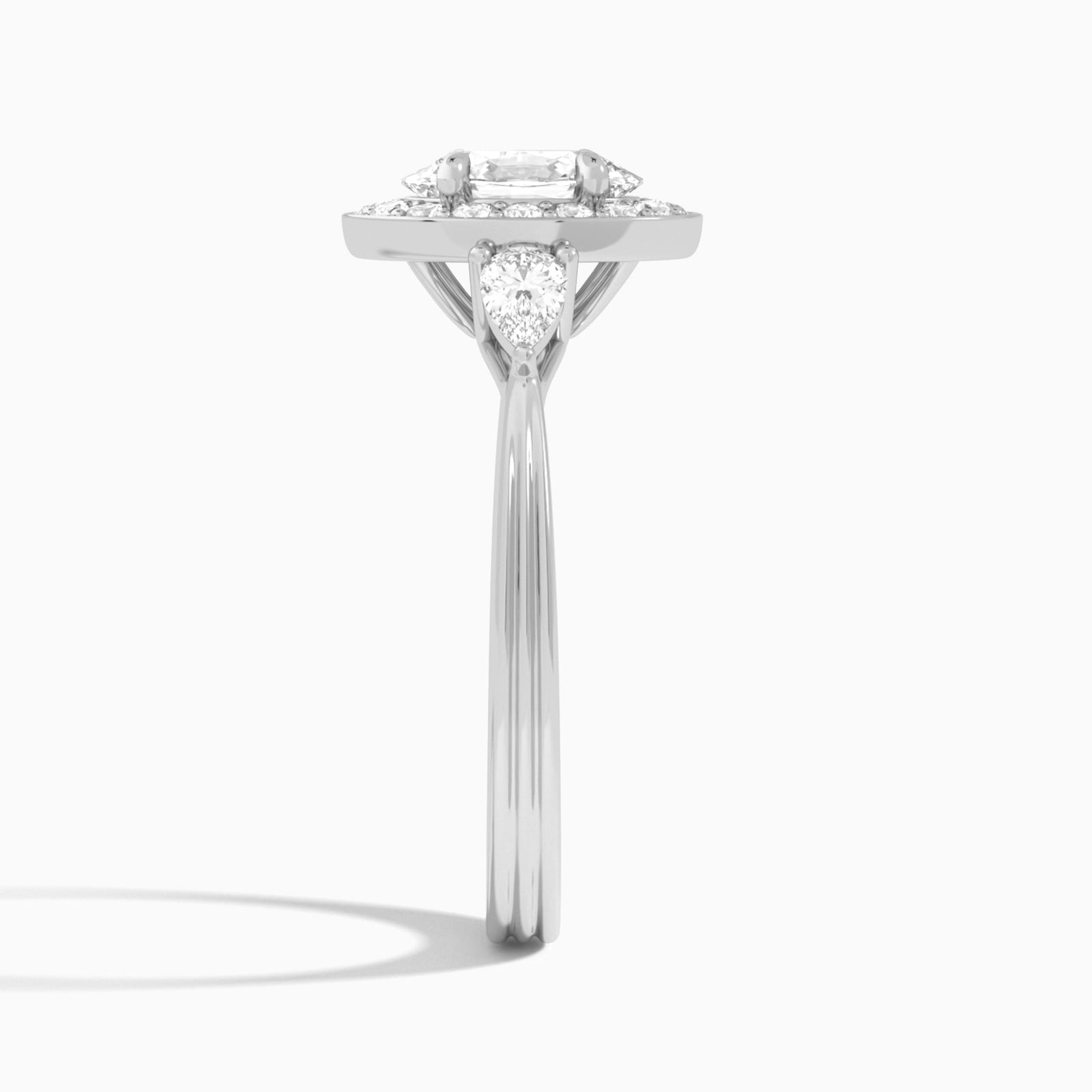 Oval Halo Shaped Side Stone Lab Diamond Engagement Ring In Platinum, Side View