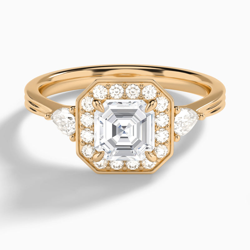 Asscher Halo Shaped Side Stone Lab Diamond Engagement Ring In 14K Rose Gold - Lucenjuri