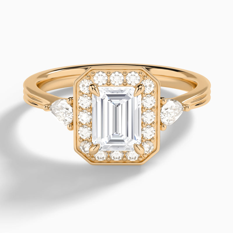 Emerald Halo Shaped Side Stone Lab Diamond Engagement Ring In 14K Rose Gold - Lucenjuri