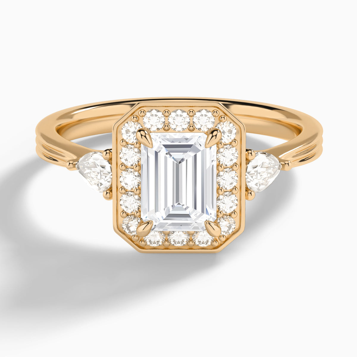 Emerald Halo Shaped Side Stone Lab Diamond Engagement Ring In 14K Rose Gold - Lucenjuri