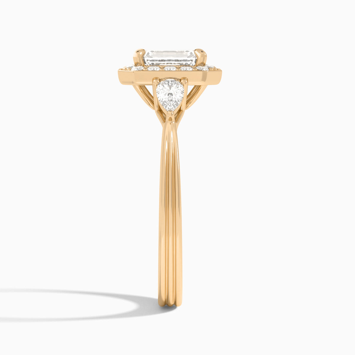 Emerald Halo Shaped Side Stone Lab Diamond Engagement Ring In 14K Rose Gold, Side View