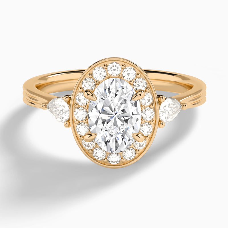 Oval Halo Shaped Side Stone Lab Diamond Engagement Ring In 14K Rose Gold - Lucenjuri